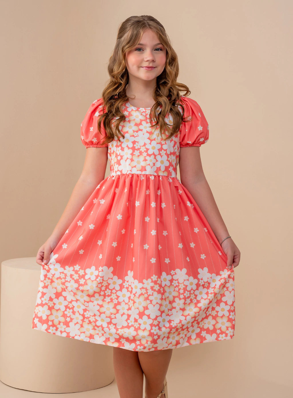 Vestido Sophia Salmão Flowers Barrado