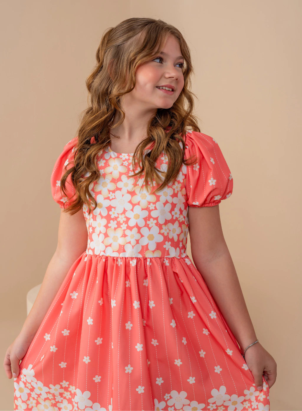 Vestido Sophia Salmão Flowers Barrado